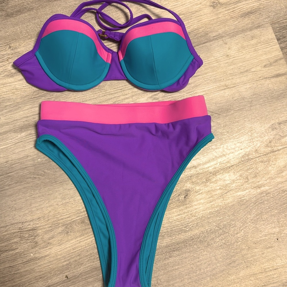 Teal, Purple & Pink Colorblock Underwire Bikini Set - Women Swim